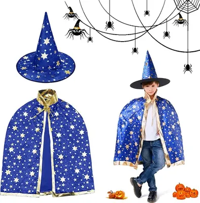 Produktbild von Halloween-Zauberer-Umhang, Hexen-Umhang und Hut, Kinder-Zauberer-Umhang, Zauberer mit Umhang-Hut, Hexen-Umhang-Kostüm für Kinder, Jungen, Mädchen, Cosplay-Party