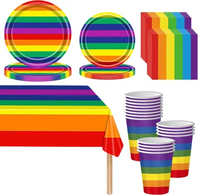 Produktbild von Regenbogen-Partygeschirr für 16 Gäste: 69-teiliges Set mit Papptellern, Bechern, Servietten und Tischdecke für Kindergeburtstag, Pride und LGBT-Dekoration