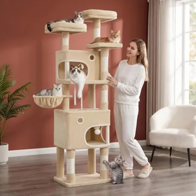 Produktbild von Fobyfurny Kratzbaum, 180 cm Katzenbaum mit 8 Kratzsäulen, Beige | mit 3 Plattformen, 2 Höhlen, Korb, Plüschbälle, Sisalseil