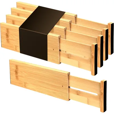 Produktbild von Schubladenteiler Bambus 4er Set 10,1 cm hoch einstellbar für Küche Bad Schlafzimmer