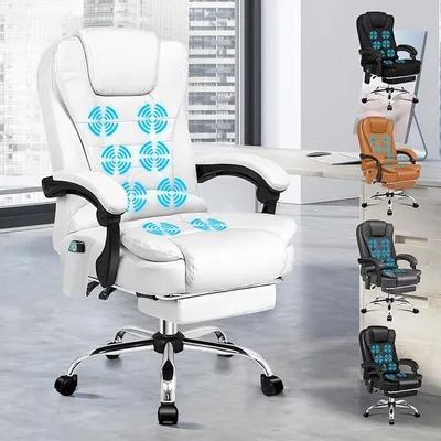 Productafbeelding van Ergonomische bureaustoel, massagiefunctie, verstelbare voetensteun, conferentiestoel, verstelbare hoogte, draaistoel, kantelhoek 90°-150°, kunstleer, wit