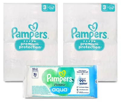 Produktbild von Pampers Premium Protection Größe 3, 148 Windeln, 6 - 10 kg + 10 Tücher Harmonie Aqua