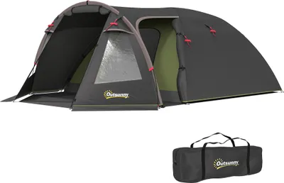 Immagine prodotto di Outsunny tenda da campeggio familiare per 2-4 persone, tenda a tunnel impermeabile da 3000 mm con 3 ingressi, finestre e borsa per il trasporto, ideale per campeggio, viaggi, escursioni e giardinaggio, nero