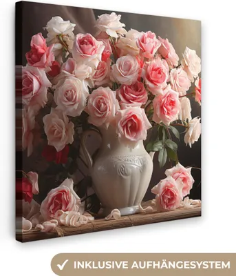Produktbild von MuchoWow® - Leinwandbilder - Blumen - Rosen - Vase - Stilleben - Blumenstrauß, Wandbild, Wanddeko Bilder Wohnzimmer, 90x90cm