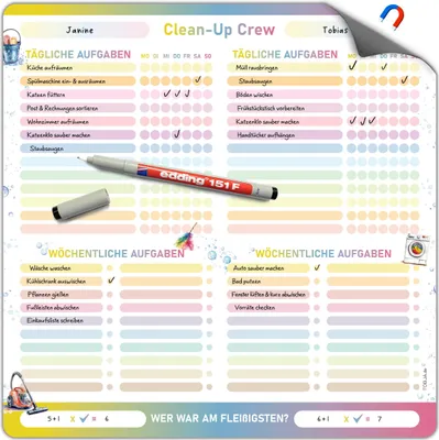 Produktbild von TOBJA Haushaltsplaner magnetisch 29,7x29,7 cm inkl. Stift – Wochenplaner & Putzplan für 2 Personen, abwischbare Magnetfolie, bunt