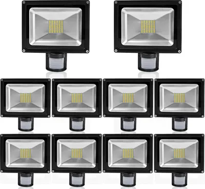 Produktbild von Greenmigo 10x 50W SMD Fluter mit Bewegungsmelder Strahler Warmweiß Schwarz Aluminium Gehäuse IP65 Wasserdicht LED Lampe Wandleuchter Flulicht Flutbeleuchtung LED Gartenlampe Außenstahler