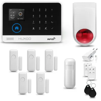 Immagine prodotto di HUXGO HXA003 Kit di allarme WiFi + GSM 4G con sirena wireless, sistema di allarme con 1 sensore di movimento e 5 sensori per porte e finestre, ideale per appartamenti e uffici