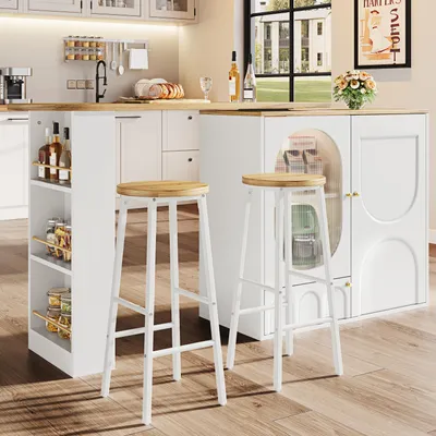 Produktbild von Flieks 2-Set Barhocker mit Holzoptik-Sitz, belastbar bis 150kg pro Hocker, 2-Set Barstuhl mit zwei Fußstützen & verstellbaren Füßen, weiß