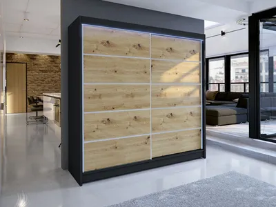 Obrázek produktu pro Šatní skříň 180 cm s posuvnými dveřmi a LED RGB osvětlením VILMA 4 - černá / dub artisan