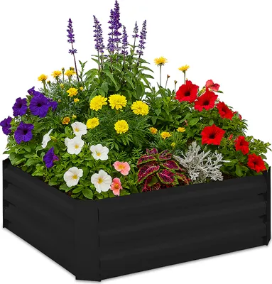 Zdjęcie produktu dla Podwyższona grządka Relaxdays, metal ocynkowany, do kwiatów, roślin i warzyw, wys. x szer. x gł.: 30 x 90 x 90 cm, prostokątna grządka, czarna