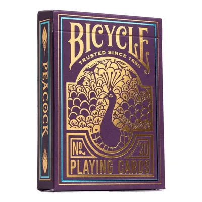 A close-up studio shot of a Bicycle brand playing card deck with a peacock design.
