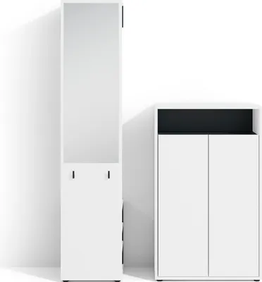 Produktbild von byLIVING Garderoben-Set LYON / Melamin Weiß kombiniert mit Schwarz  / Hochschrank mit Spiegel / Schuhschrank / B 40, H 185, T 35 cm, B 70, H 115, T 33,5 cm