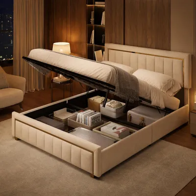 Image de UnboxG Lit rembourré 160 x 200cm, Lit double hydraulique avec sommier à lattes & coffre de rangement, Lit de rangement hydraulique avec grand espace de rangement, Lit Continental en velours, pour adultes&adolescents, Beige