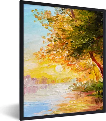 Produktbild von MuchoWow® Gerahmtes Poster Natur - Malerei - Baum - Wasser 60x80 cm - Poster mit Schwarzem Bilderrahmen Wandposter Rahmen Foto Bilder - Premium - Wanddeko Wohnzimmer