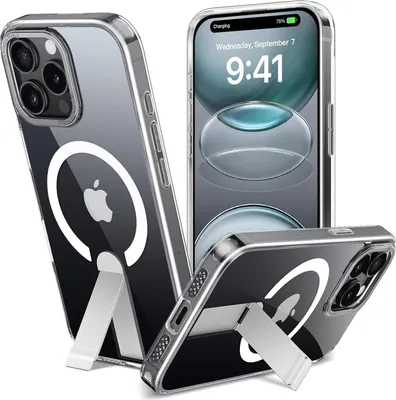 Three views of a clear iPhone case with a built-in kickstand and MagSafe compatibility, showcasing the Apple logo.
