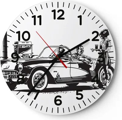 Produktbild von Wanduhr - Rund - Glasuhr - Bar Auto Straße - 40x40cm - Schleichendes Uhrwerk - Lautlos - zum Aufhängen bereit - Dekoration Modern - Wanddekoration aus Glas - C4AR40x40-3680