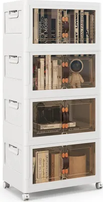 Produktbild von 4er-Set Aufbewahrungsbox faltbar, mit 4 Rollen, stapelbare Kunststoffbox mit Türen, jede Etage trägt 5 kg, 49,5x31,5x112,5cm (Weiß)