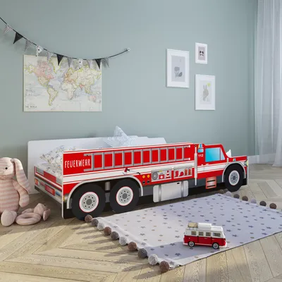 Produktbild von Autobett Kinderbett Jugendbett 80x160  | Feuerwehr Feuerwehrauto Feuerwehrmann Kinder Spielbett, ohne Matratze