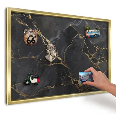 Produktbild von Magnettafel 60x40 cm mit goldenem Rahmen - Magnetische Metalltafel, Magnetpinnwand zur Wandmontage für Wohnzimmer, Küche, Flur, Kinderzimmer und Büro - Schwarzer Marmor
