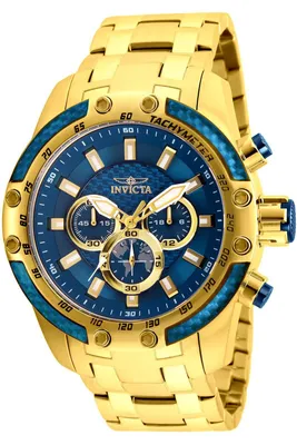 A close-up studio shot of a gold Invicta Speedway SCUBA men's watch with a blue dial.