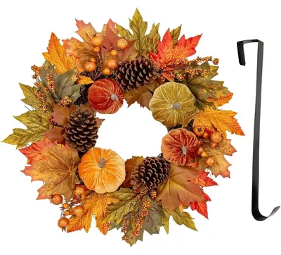 Produktbild von Herbstkranz künstlich Ø 41cm mit Kürbis, Ahornblätter & Tannenzapfen für Haustür & Deko