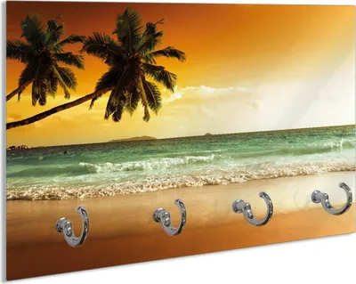 Produktbild von Wallario Handtuchhalter aus Glas, Motiv: Palmen am Sandstrand bei untergehender Sonne, 30 x 20 cm mit 4 Haken
