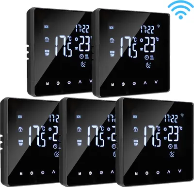A collection of five smart thermostats displayed on a black background.