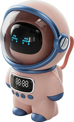 A pink astronaut-shaped digital alarm clock with a clear helmet visor and a digital display showing '08:88'.