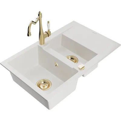 Obrázek produktu pro Mexen Gaspar 1,5-miskový granitový dřez s odkapávačem a kuchyňskou baterií Carla, Bílá - 6507-20-670700-50