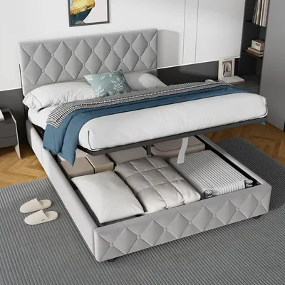 Produktbild von MODFU Boxspringbett Polsterbett 140 x 200 cm hydraulische Stauraumbett Bettgestell mit Stauraum，Samt Grau(Ohne Matratze)