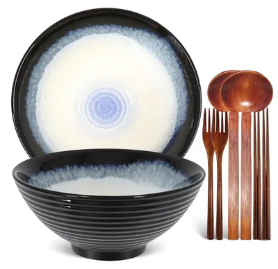 Produktbild von Set von 2 Keramischen Schalen mit Bestecksets für Pasta und Snacks