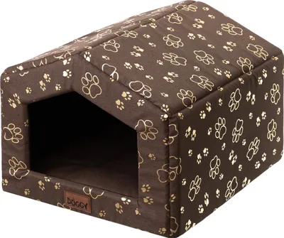 A dog house with a paw print pattern.