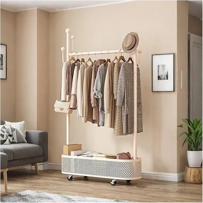 Imagen del producto de Perchero con ruedas y cesta de almacenamiento, soporte de ropa metálico, estable