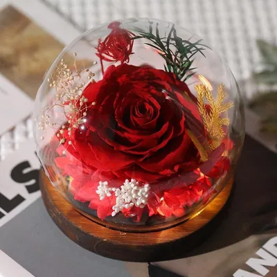 Produktbild von Ewige Rose in Glaskuppel mit Holzsockel als Geschenk