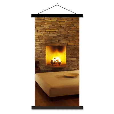 Produktbild von MuchoWow® Textilposter Ein Kamin in einem modernen Wohnzimmer 40x80 cm mit schwarzem Rahmen - Wandemalerei