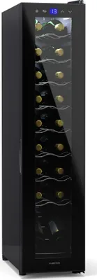 A black wine cooler with a glass door displaying bottles of wine inside, set against a white background.