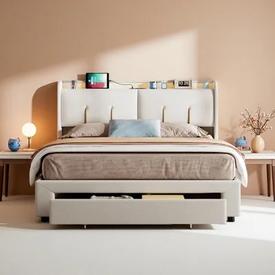 Image de ProximaX lit hydraulique rembourré 140x200cm avec USB & Type-C, lit double pour adolescents avec Led, lit de rangement lit boxspring avec sommier à lattes, velours, beige