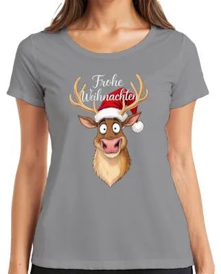Obrázek produktu pro Merry Christmas Funny Reindeer Christmas Hat Cartoon Humour Dámské tričko, šedá, L