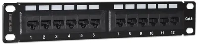 Produktbild von Intellinet 10" 12-Port Cat6 Patchpanel, UTP, 10", 1 HE, schwarz, RJ-45, U/UTP (UTP), Rackeinbau, 1U, Schwarz, UL
