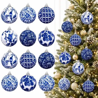 12 Chinoiserie-Kugelornamente, blau-weiß, 6,76 cm, Weihnachtsbaum
