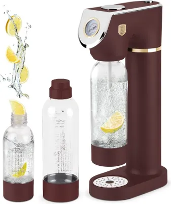 A burgundy soda maker with two bottles and lemon slices, presented on a white background.