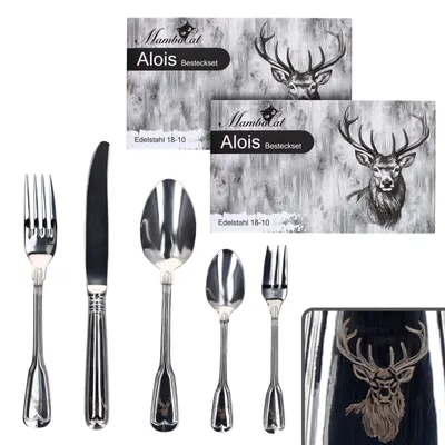 Produktbild von 60tlg Alois Komplett-Besteck-Set 12 Pers. Messer Gabel Löffel Edelstahl Hirsch