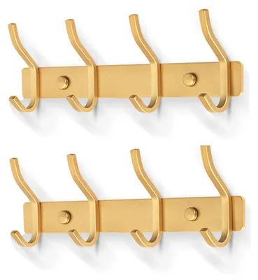 Image de Porte-manteau mural avec 4 crochets, en acier inoxydable doré, lot de 2, pour cuisine et salle de bain
