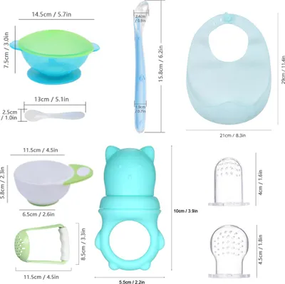 Immagine prodotto di set da 10 pezzi per l'alimentazione del bambino, cucchiaio in silicone, verdura, frutta, ciotola per alimenti, ventosa con tamper impermeabile per bavaglini