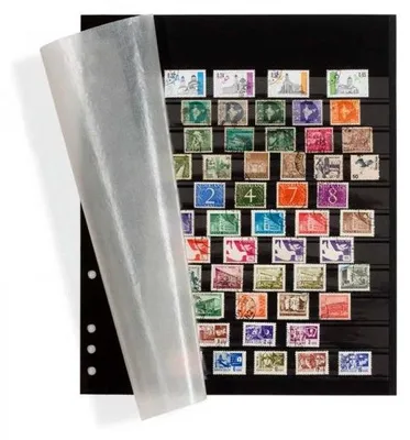 A black stamp album page with multiple rows of stamps and a transparent protective sheet partially covering the stamps.