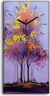 Produktbild von Wanduhr Bürouhr Leinwand Bild Geräuschlos 30x60 Landschaft Malerei Bäume Herbst - schwarze Hände