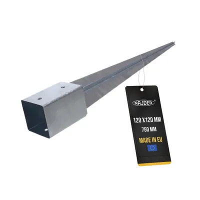 Produktbild von NAJDER Stützpfostenhalter, Schiebehülse Bodenverankerung für Vierkant-Holzpfosten 120x120 mm, Länge 750 mm, feuerverzinkter Stahl, zur Befestigung von Holzpfosten im Boden.