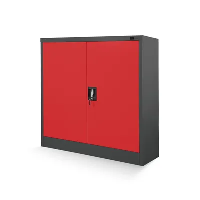 Zdjęcie produktu dla JAN NOWAK Niska Szafka Metalowa Komoda Biurowa Dwudrzwiowa 90x93x40 | Regulowana Półka Ryglowany Zamek Mała Szafa Do Biura | Antracytowo-czerwona