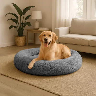Productafbeelding van Belviona donut-hondenbed, knus hondenbed van pluche met zachte vulling, goede stabiliteit en een ergonomische rand, diameter 100 cm, antracietkleurig