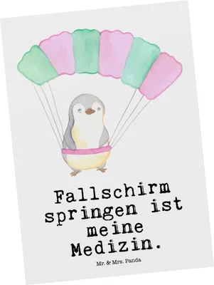 Produktbild von Mr. & Mrs. Panda Postkarte Pinguin Fallschirm springen - Weiß - Geschenk, Grußkarte, Skydive, Fallschirmspringen, Fallschirmsprung, bildkarte, Extreme Sport, Postkarten